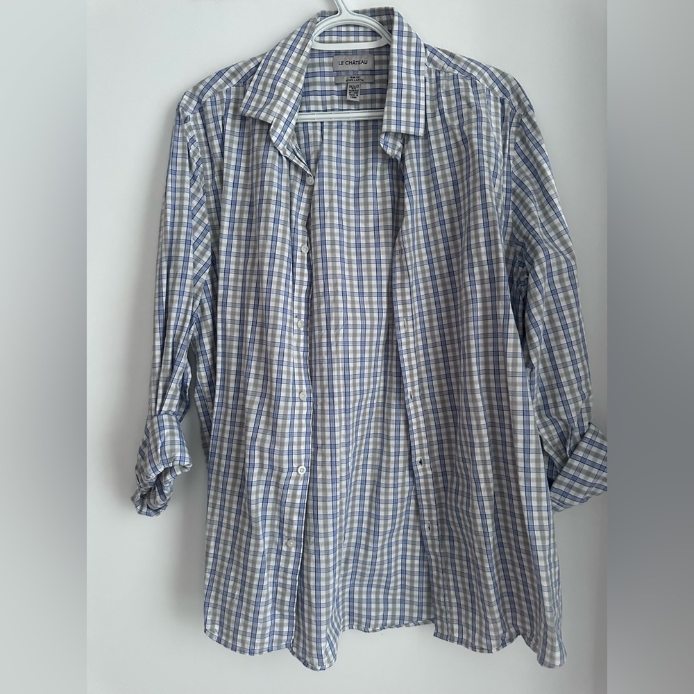 le chateau Men's Blue & White Plaid Button-Down Shirt